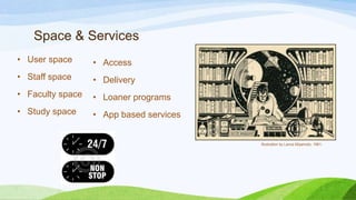 Space & Services
• User space

• Access

• Staff space

• Delivery

• Faculty space

• Loaner programs

• Study space

• App based services

Illustration by Lance Miyamoto, 1981.

 