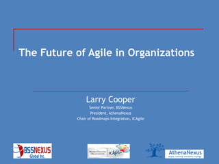 BSS Nexus Global © 2013April 2013
The Future of Agile in Organizations
Larry Cooper
Senior Partner, BSSNexus
President, AthenaNexus
Chair of Roadmaps Integration, ICAgile
 