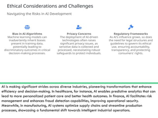 AI is making significant strides across diverse industries, pioneering transformations that enhance
efficiency and decision-making. In healthcare, for instance, AI enables predictive analytics that can
lead to more personalized patient care and better health outcomes. In finance, AI facilitates risk
management and enhances fraud detection capabilities, improving operational security.
Meanwhile, in manufacturing, AI systems optimize supply chains and streamline production
processes, showcasing a fundamental shift towards intelligent industrial operations.
 
