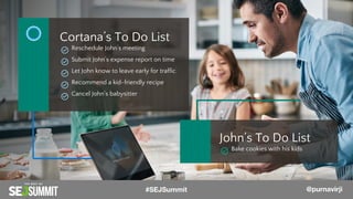 Cortana’s To Do List
Reschedule John’s meeting
Submit John’s expense report on time
Let John know to leave early for traffic
Recommend a kid-friendly recipe
Cancel John’s babysitter
John’s To Do List
Bake cookies with his kids
#SEJSummit @purnavirji
 