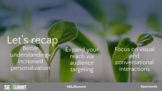 @PurnaVirji
Let’s recap
@PurnaVirji
Better
understanding=
increased
personalization
Expand your
reach via
audience
targeting
Focus on visual
and
conversational
interactions
#SEJSummit @purnavirji
 