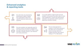 11 © WNS-Vuram 2023. All rights reserved.
02
04
03
01
The no-code approach to
analytics is the future because it
will allow even non-technical
users to access data and
insights that they need without
relying on IT or data teams
A no-code platform might include pre-built
analytics components that allow users to track
user engagement, monitor key performance
indicators, and generate custom reports for
data-driven decision-making
No-code tools are empowering
businesses to gather insights
from applications without the
need for extensive data science
expertise
No-code analytics are especially great for
tracking product and feature engagement.
No-code machine learning can help in using
the data to identify trends in user behavior
and make predictions
Enhanced analytics
& reporting tools
 