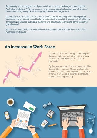 Technology and a change in workplace culture is rapidly deﬁning and shaping the
Australian workforce. With companies now incorporating technology into all areas of
innovation, every workplace is changing and experiencing growth.
All industries from health care to manufacturing to engineering are requiring better
educated, more innovative and highly creative individuals. It is imperative that all forms
of Australian business, including law ﬁrms, are constantly evolving to compete in the
global market.
Below we've summarized some of the main changes predicted for the future of the
Australian workplace.
An Increase In Work Force
All industries are encouraged to recognize
the need to increase their work force in an
eﬀort to meet market and consumer
demands.
By the year 2030 Australia will need another
three million workers. These workers will
need to be skilled in a multitude of areas with
emphasis on areas of business, computer
science and engineering.
 