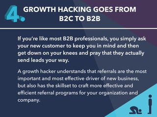 GROWTH HACKING GOES FROM 
B2C TO B2B 
If you’re like most B2B professionals, you simply ask 
your new customer to keep you...