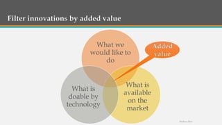 Filter innovations by added value
What we
would like to
do
What is
available
on the
market
What is
doable by
technology
Barbara Biro
 