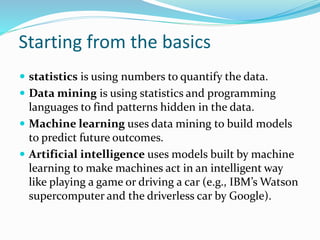 Starting from the basics
 statistics is using numbers to quantify the data.
 Data mining is using statistics and programming
languages to find patterns hidden in the data.
 Machine learning uses data mining to build models
to predict future outcomes.
 Artificial intelligence uses models built by machine
learning to make machines act in an intelligent way
like playing a game or driving a car (e.g., IBM’s Watson
supercomputer and the driverless car by Google).
 