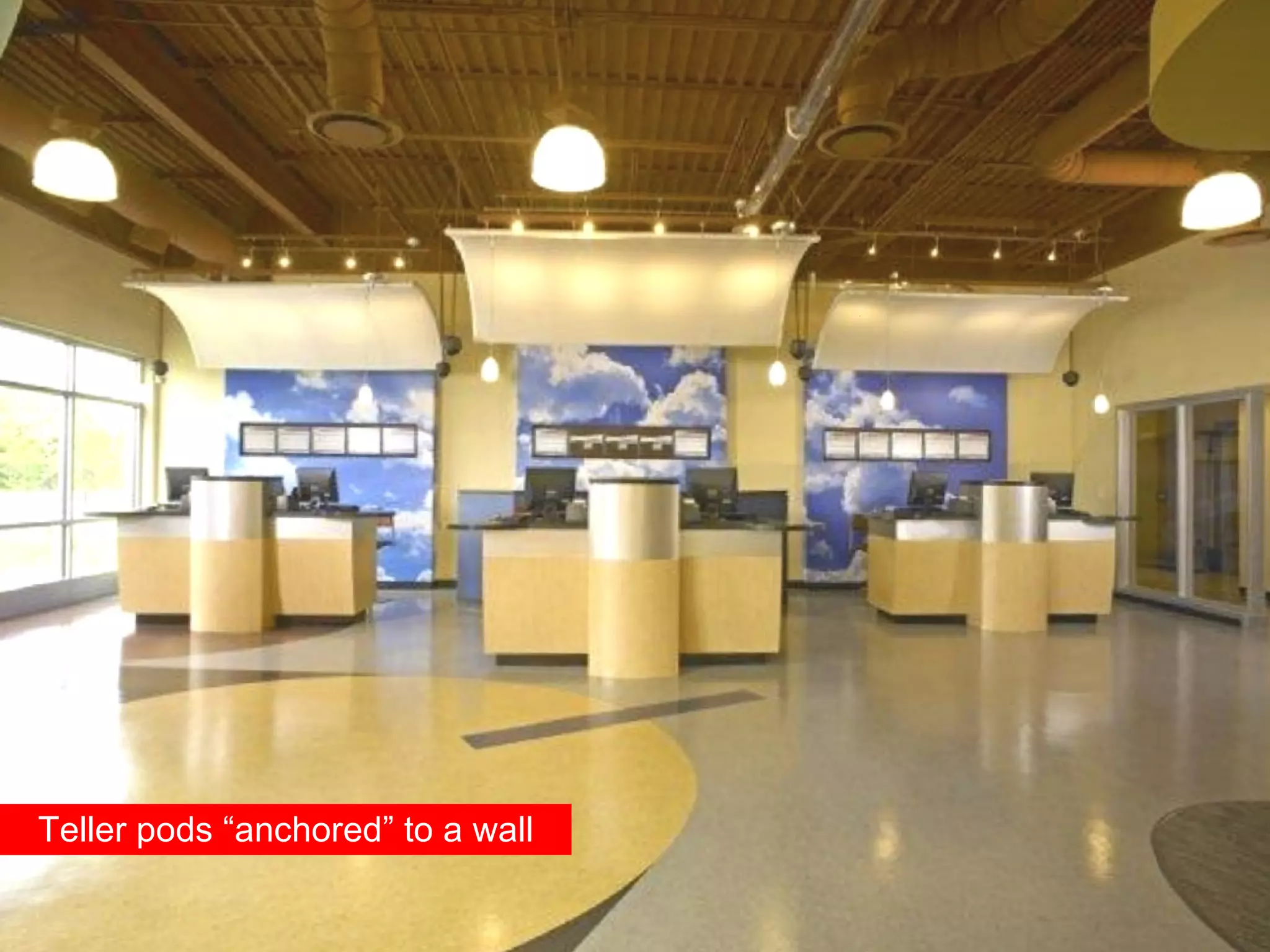 Teller pods “anchored” to a wall 