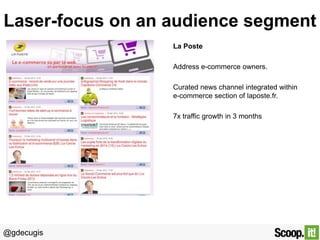 Laser-focus on an audience segment
La Poste
Address e-commerce owners.
Curated news channel integrated within
e-commerce s...