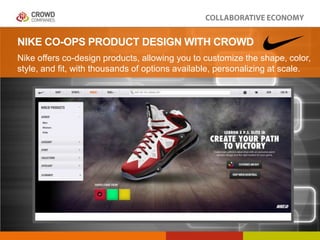 NIKE CO-OPS PRODUCT DESIGN WITH CROWD
Nike offers co-design products, allowing you to customize the shape, color,
style, a...