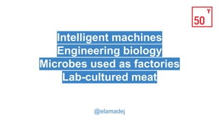 Intelligent machines
Engineering biology
Microbes used as factories
Lab-cultured meat
@elamadej
 