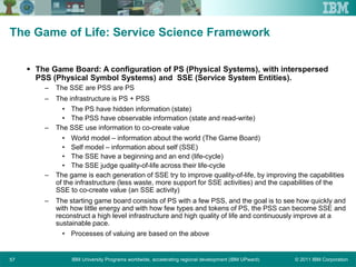© 2011 IBM CorporationIBM University Programs worldwide, accelerating regional development (IBM UPward)57
The Game of Life: Service Science Framework
 The Game Board: A configuration of PS (Physical Systems), with interspersed
PSS (Physical Symbol Systems) and SSE (Service System Entities).
– The SSE are PSS are PS
– The infrastructure is PS + PSS
• The PS have hidden information (state)
• The PSS have observable information (state and read-write)
– The SSE use information to co-create value
• World model – information about the world (The Game Board)
• Self model – information about self (SSE)
• The SSE have a beginning and an end (life-cycle)
• The SSE judge quality-of-life across their life-cycle
– The game is each generation of SSE try to improve quality-of-life, by improving the capabilities
of the infrastructure (less waste, more support for SSE activities) and the capabilities of the
SSE to co-create value (an SSE activity)
– The starting game board consists of PS with a few PSS, and the goal is to see how quickly and
with how little energy and with how few types and tokens of PS, the PSS can become SSE and
reconstruct a high level infrastructure and high quality of life and continuously improve at a
sustainable pace.
• Processes of valuing are based on the above
 