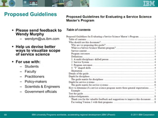 © 2011 IBM CorporationIBM University Programs worldwide, accelerating regional development (IBM UPward)69
Proposed Guidelines
 Please send feedback to
Wendy Murphy
– wendym@us.ibm.com
 Help us devise better
ways to visualize scope
of service science
 For use with:
– Students
– Faculty
– Practitioners
– Policy-makers
– Scientists & Engineers
– Government officials
 