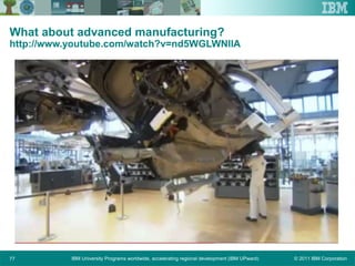 © 2011 IBM CorporationIBM University Programs worldwide, accelerating regional development (IBM UPward)77
What about advanced manufacturing?
http://www.youtube.com/watch?v=nd5WGLWNllA
 