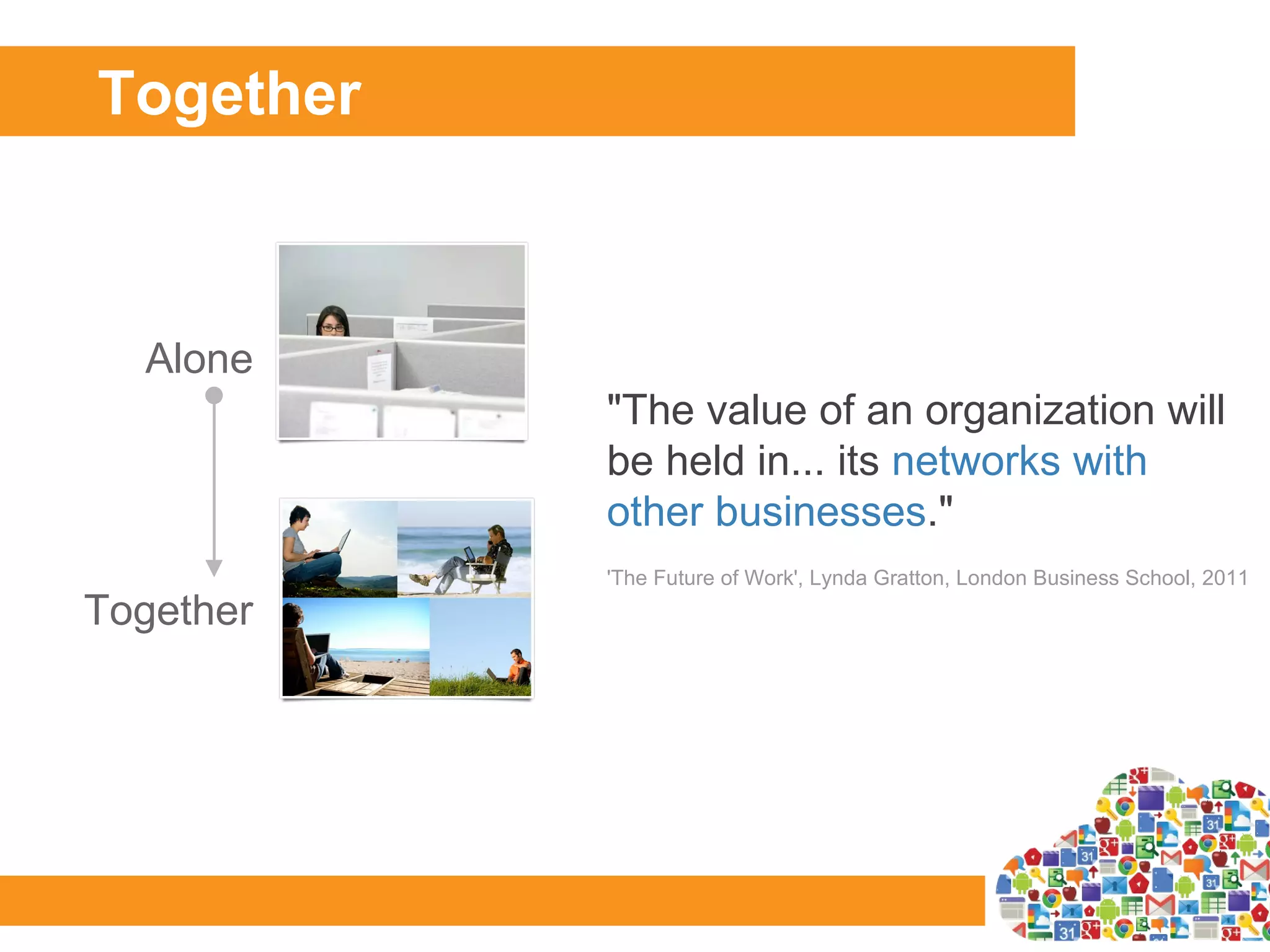 Together



  Alone
           "The value of an organization will
           be held in... its networks with
           other businesses."
           'The Future of Work', Lynda Gratton, London Business School, 2011
Together
 