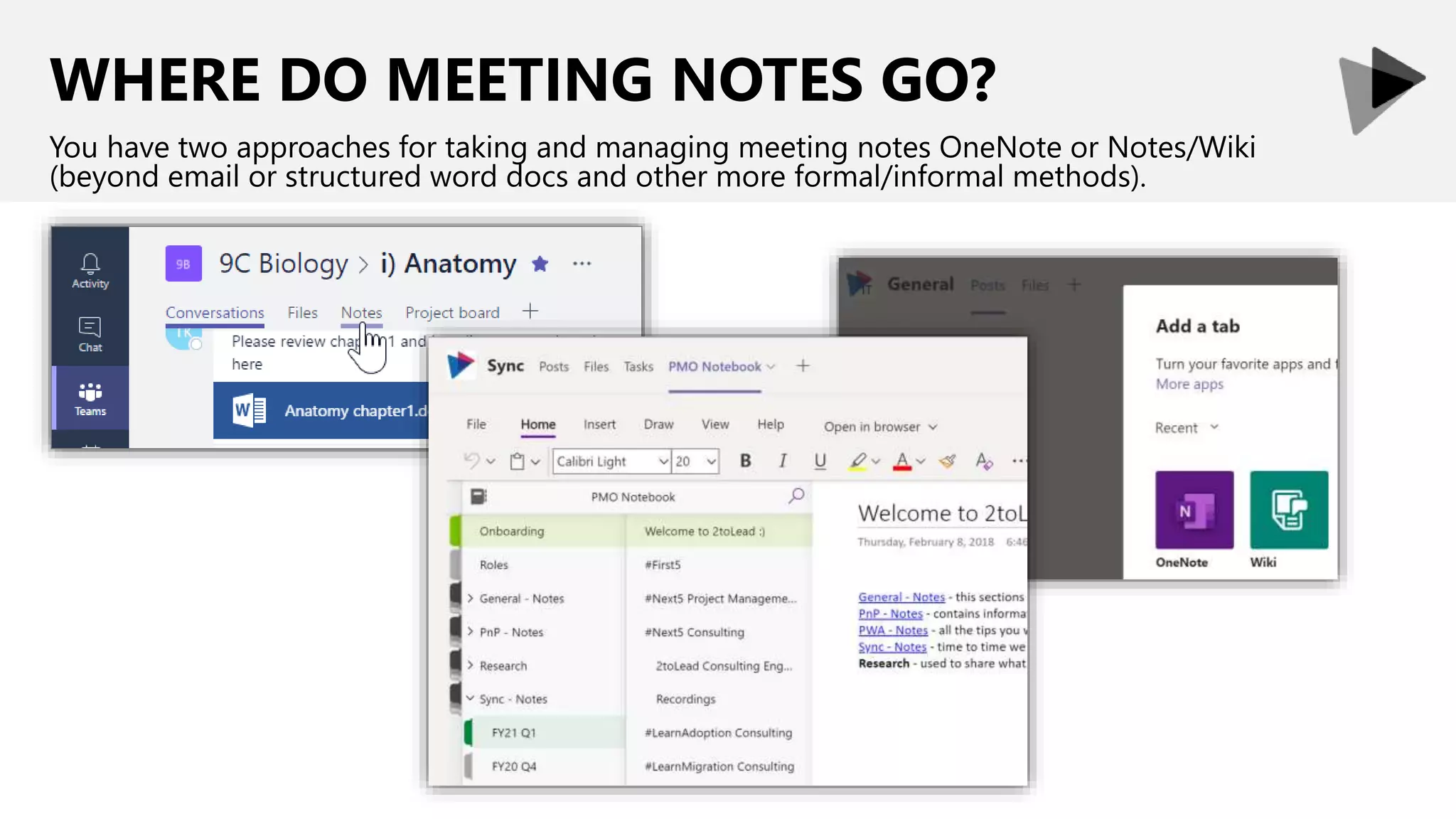 WHERE DO MEETING NOTES GO?
You have two approaches for taking and managing meeting notes OneNote or Notes/Wiki
(beyond email or structured word docs and other more formal/informal methods).
 