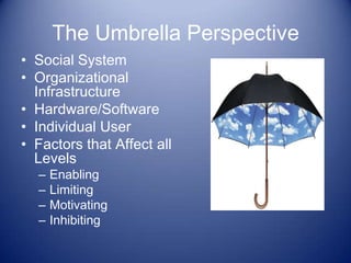 The Umbrella Perspective
• Social System
• Organizational
  Infrastructure
• Hardware/Software
• Individual User
• Factors that Affect all
  Levels
  –   Enabling
  –   Limiting
  –   Motivating
  –   Inhibiting
 