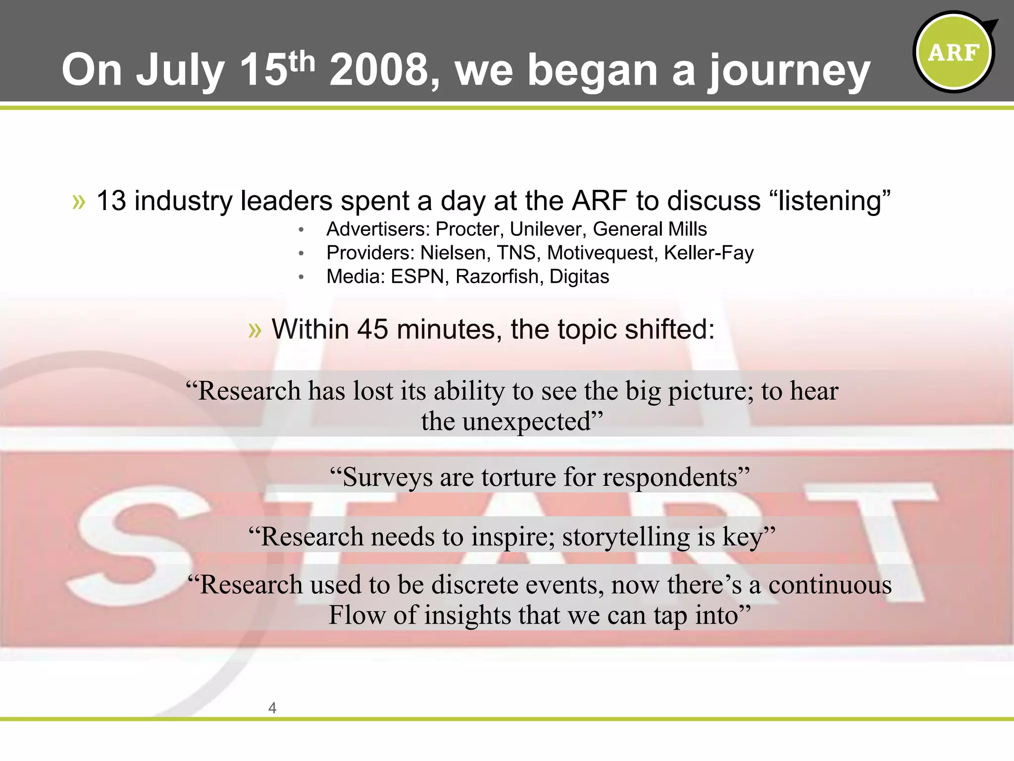 On July 15th 2008, we began a journey13 industry leaders spent a day at the ARF to discuss “listening”Advertisers: Procter, Unilever, General MillsProviders: Nielsen, TNS, Motivequest, Keller-FayMedia: ESPN, Razorfish, DigitasWithin 45 minutes, the topic shifted:“Research has lost its ability to see the big picture; to hearthe unexpected”“Surveys are torture for respondents”“Research needs to inspire; storytelling is key”“Research used to be discrete events, now there’s a continuousFlow of insights that we can tap into”4