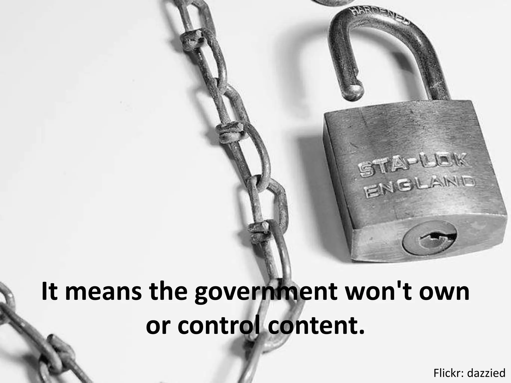 It means the government won't own or control content.Flickr: dazzied