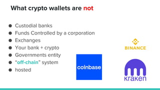 ● Custodial banks
● Funds Controlled by a corporation
● Exchanges
● Your bank + crypto
● Governments entity
● “off-chain” system
● hosted
What crypto wallets are not
 