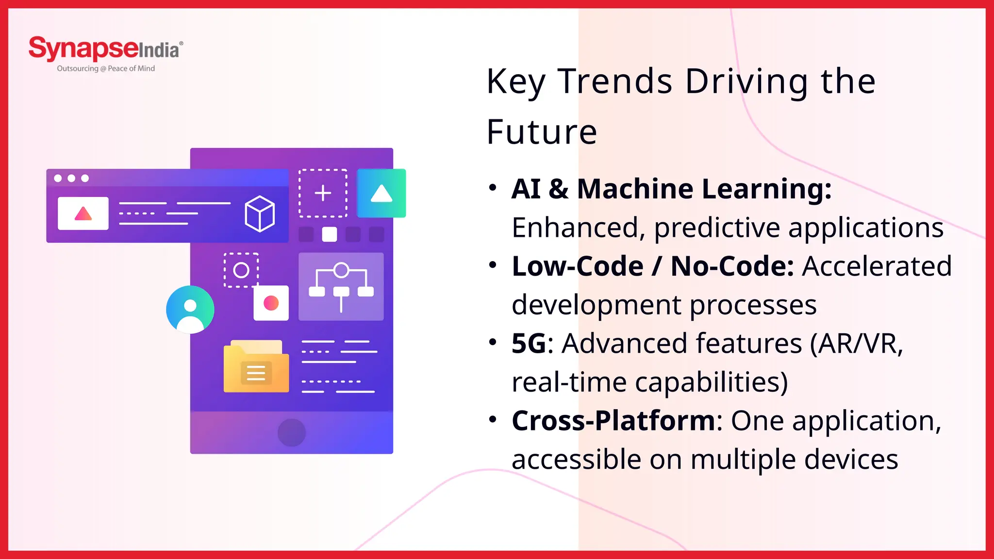 Key Trends Driving the
Future
• AI & Machine Learning:
Enhanced, predictive applications
• Low-Code / No-Code: Accelerated
development processes
• 5G: Advanced features (AR/VR,
real-time capabilities)
• Cross-Platform: One application,
accessible on multiple devices
 