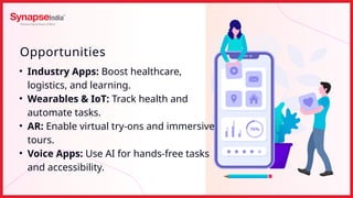 • Industry Apps: Boost healthcare,
logistics, and learning.
• Wearables & IoT: Track health and
automate tasks.
• AR: Enable virtual try-ons and immersive
tours.
• Voice Apps: Use AI for hands-free tasks
and accessibility.
Opportunities
 