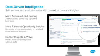 More Accurate Lead Scoring
Additional data points help signal the
best leads
More Relevant Opportunity Insights
More data brings greater clarity on what will
close and what will push
Deeper Insights in Wave
Paint a more complete picture
with rich data
Sell, service, and market smarter with contextual data and insights
Data-Driven Intelligence
 