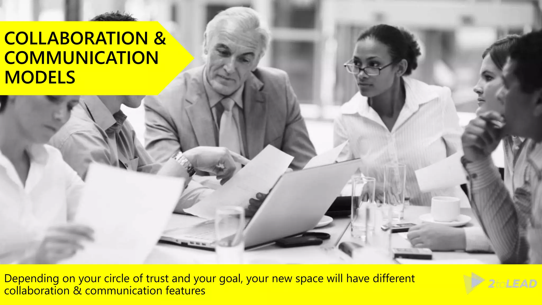 Depending on your circle of trust and your goal, your new space will have different
collaboration & communication features
COLLABORATION &
COMMUNICATION
MODELS
 