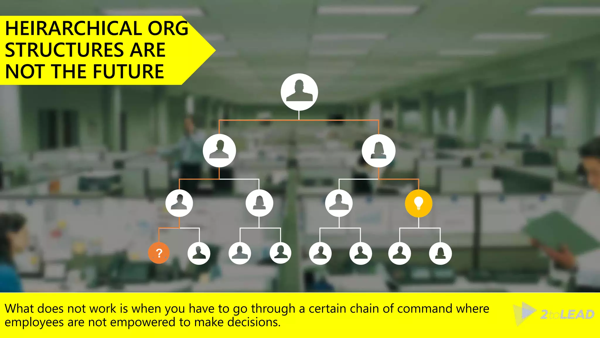 What does not work is when you have to go through a certain chain of command where
employees are not empowered to make decisions.
HEIRARCHICAL ORG
STRUCTURES ARE
NOT THE FUTURE
 