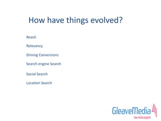 How have things evolved?
Reach
Relevancy
Driving Conversions
Search engine Search
Social Search
Location Search
 