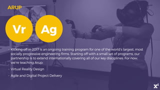 - Kicking off in 2017 is an ongoing training program for one of the world’s largest, most
socially progressive engineering firms. Starting off with a small set of programs, our
partnership is to extend internationally covering all of our key disciplines. For now,
we’re teaching Arup:
- Virtual Reality Design
- Agile and Digital Project Delivery
ARUP
Vr Ag
 