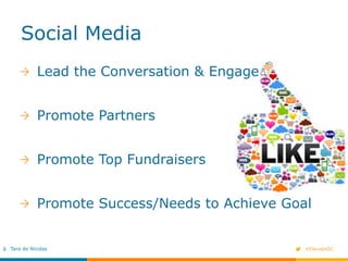 #ElevateDCTara de Nicolas
Social Media
!   Lead the Conversation & Engage
!   Promote Partners
!   Promote Top Fundraisers...