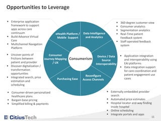 11
Opportunities to Leverage
 360-degree customer view
 Consumer analytics
 Segmentation analytics
 Real-Time patient
...