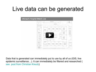 Live data can be generated Data that is generated can immediately put to use by all of us (GIS, live epidemic surveillance…). It can immediately be filtered and researched ( see  post from Christian  Kreutz ) 