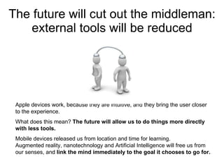 The future will cut out the middleman: external tools will be reduced Apple devices work, because they are intuitive, and they bring the user closer to the experience.  What does this mean?  The future will allow us to do things more directly with less tools.  Mobile devices released us from location and time for learning.  Augmented reality, nanotechnology and Artificial Intelligence will free us from our senses, and  link the mind immediately to the goal it chooses to go for.  