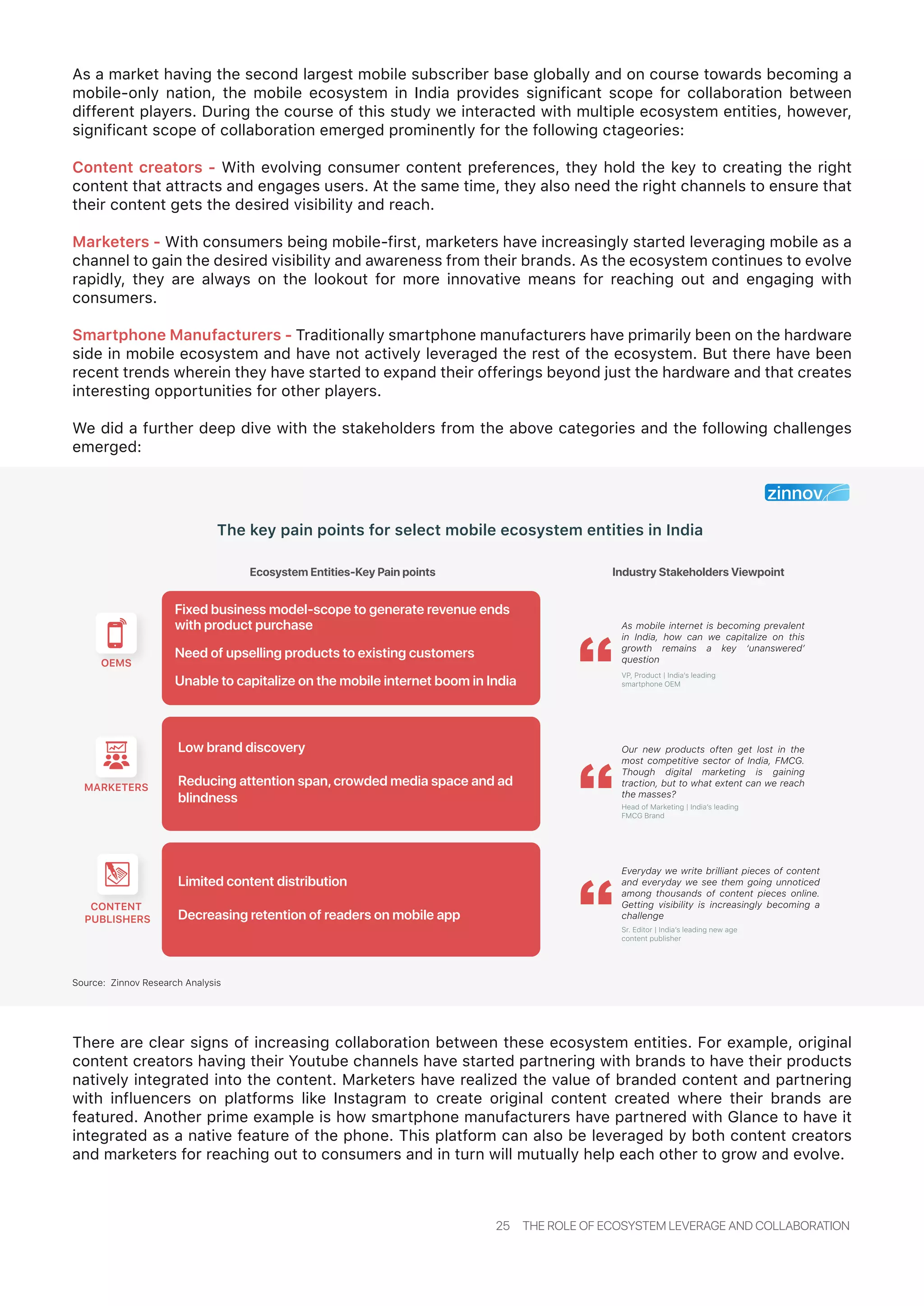 There are clear signs of increasing collaboration between these ecosystem entities. For example, original
content creators having their Youtube channels have started partnering with brands to have their products
natively integrated into the content. Marketers have realized the value of branded content and partnering
with influencers on platforms like Instagram to create original content created where their brands are
featured. Another prime example is how smartphone manufacturers have partnered with Glance to have it
integrated as a native feature of the phone. This platform can also be leveraged by both content creators
and marketers for reaching out to consumers and in turn will mutually help each other to grow and evolve.
25 THE ROLE OF ECOSYSTEM LEVERAGE AND COLLABORATION
The key pain points for select mobile ecosystem entities in India
Source: Zinnov Research Analysis
OEMS
MARKETERS
CONTENT
PUBLISHERS
Industry Stakeholders Viewpoint
As mobile internet is becoming prevalent
in India, how can we capitalize on this
growth remains a key ‘unanswered’
question
VP, Product | India’s leading
smartphone OEM
Everyday we write brilliant pieces of content
and everyday we see them going unnoticed
among thousands of content pieces online.
Getting visibility is increasingly becoming a
challenge
Sr. Editor | India’s leading new age
content publisher
Our new products often get lost in the
most competitive sector of India, FMCG.
Though digital marketing is gaining
traction, but to what extent can we reach
the masses?
Head of Marketing | India’s leading
FMCG Brand
Ecosystem Entities-Key Pain points
Fixed business model-scope to generate revenue ends
with product purchase
Need of upselling products to existing customers
Unable to capitalize on the mobile internet boom in India
Low brand discovery
Reducing attention span,crowded media space and ad
blindness
Limited content distribution
Decreasing retention of readers on mobile app
As a market having the second largest mobile subscriber base globally and on course towards becoming a
mobile-only nation, the mobile ecosystem in India provides significant scope for collaboration between
different players. During the course of this study we interacted with multiple ecosystem entities, however,
significant scope of collaboration emerged prominently for the following ctageories:
Content creators - With evolving consumer content preferences, they hold the key to creating the right
content that attracts and engages users. At the same time, they also need the right channels to ensure that
their content gets the desired visibility and reach.
Marketers - With consumers being mobile-first, marketers have increasingly started leveraging mobile as a
channel to gain the desired visibility and awareness from their brands. As the ecosystem continues to evolve
rapidly, they are always on the lookout for more innovative means for reaching out and engaging with
consumers.
Smartphone Manufacturers - Traditionally smartphone manufacturers have primarily been on the hardware
side in mobile ecosystem and have not actively leveraged the rest of the ecosystem. But there have been
recent trends wherein they have started to expand their offerings beyond just the hardware and that creates
interesting opportunities for other players.
We did a further deep dive with the stakeholders from the above categories and the following challenges
emerged:
 