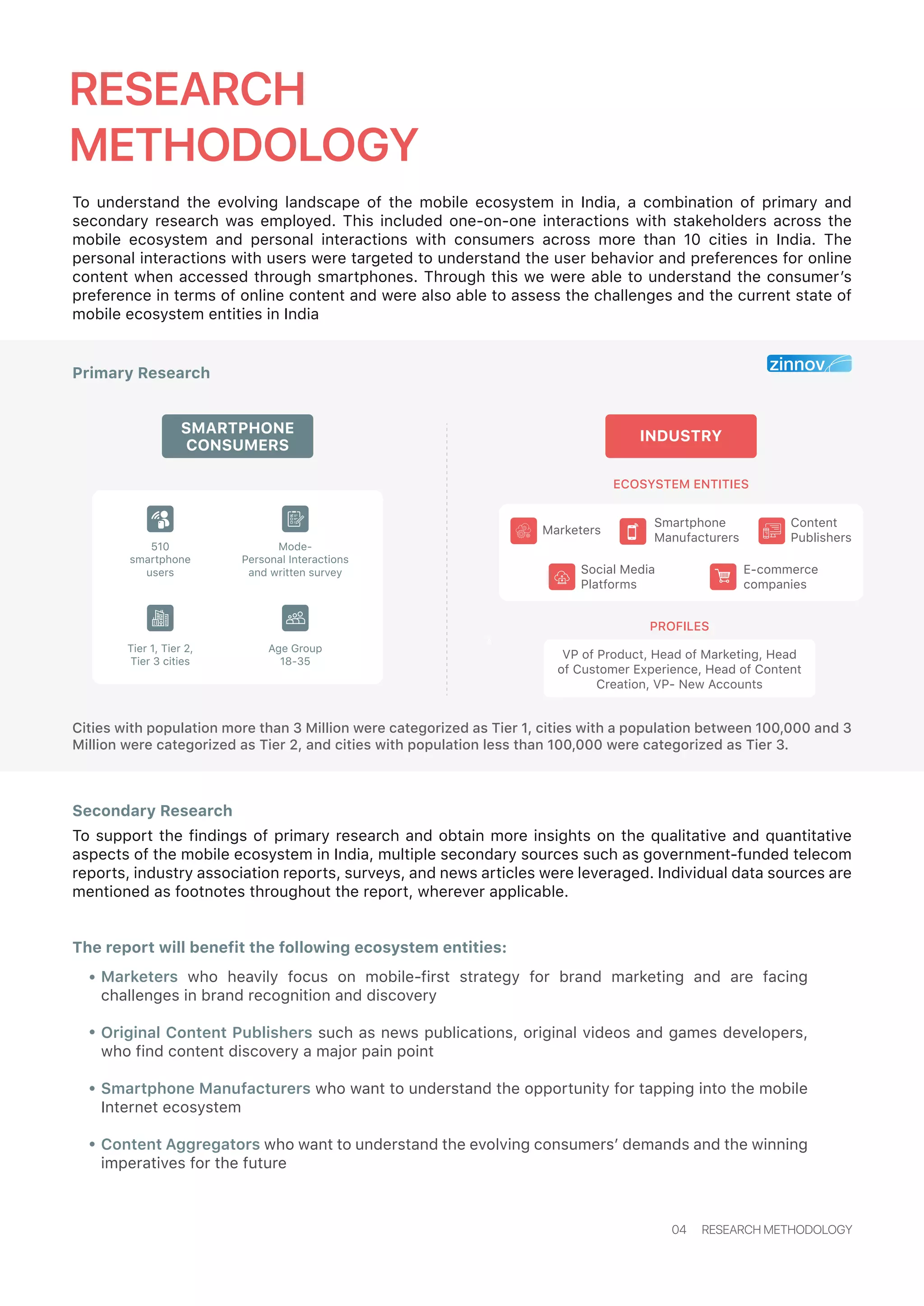 To understand the evolving landscape of the mobile ecosystem in India, a combination of primary and
secondary research was employed. This included one-on-one interactions with stakeholders across the
mobile ecosystem and personal interactions with consumers across more than 10 cities in India. The
personal interactions with users were targeted to understand the user behavior and preferences for online
content when accessed through smartphones. Through this we were able to understand the consumer’s
preference in terms of online content and were also able to assess the challenges and the current state of
mobile ecosystem entities in India
Primary Research
Secondary Research
To support the findings of primary research and obtain more insights on the qualitative and quantitative
aspects of the mobile ecosystem in India, multiple secondary sources such as government-funded telecom
reports, industry association reports, surveys, and news articles were leveraged. Individual data sources are
mentioned as footnotes throughout the report, wherever applicable.
The report will benefit the following ecosystem entities:
RESEARCH
METHODOLOGY
04 RESEARCH METHODOLOGY
Marketers who heavily focus on mobile-first strategy for brand marketing and are facing
challenges in brand recognition and discovery
Original Content Publishers such as news publications, original videos and games developers,
who find content discovery a major pain point
Smartphone Manufacturers who want to understand the opportunity for tapping into the mobile
Internet ecosystem
Content Aggregators who want to understand the evolving consumers’ demands and the winning
imperatives for the future
Cities with population more than 3 Million were categorized as Tier 1, cities with a population between 100,000 and 3
Million were categorized as Tier 2, and cities with population less than 100,000 were categorized as Tier 3.
INDUSTRY
ECOSYSTEM ENTITIES
PROFILES
Marketers
Smartphone
Manufacturers
Content
Publishers
Social Media
Platforms
E-commerce
companies
VP of Product, Head of Marketing, Head
of Customer Experience, Head of Content
Creation, VP- New Accounts
SMARTPHONE
CONSUMERS
510
smartphone
users
Mode-
Personal Interactions
and written survey
Tier 1, Tier 2,
Tier 3 cities
Age Group
18-35
 