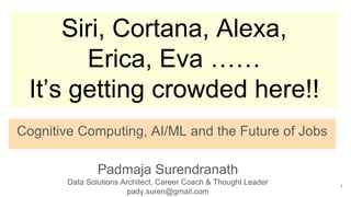 Siri, Cortana, Alexa,
Erica, Eva ……
It’s getting crowded here!!
Cognitive Computing, AI/ML and the Future of Jobs
1
Padmaja Surendranath
Data Solutions Architect, Career Coach & Thought Leader
pady.suren@gmail.com
 