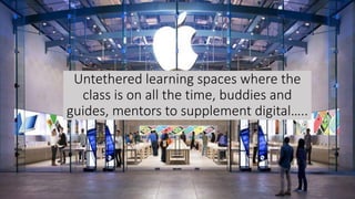 Untethered learning spaces where the
class is on all the time, buddies and
guides, mentors to supplement digital…..
 