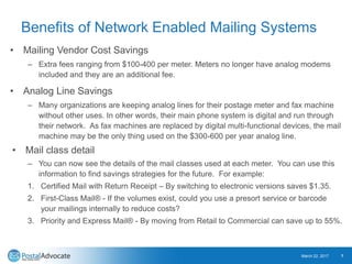 Benefits of Network Enabled Mailing Systems
• Mailing Vendor Cost Savings
– Extra fees ranging from $100-400 per meter. Me...