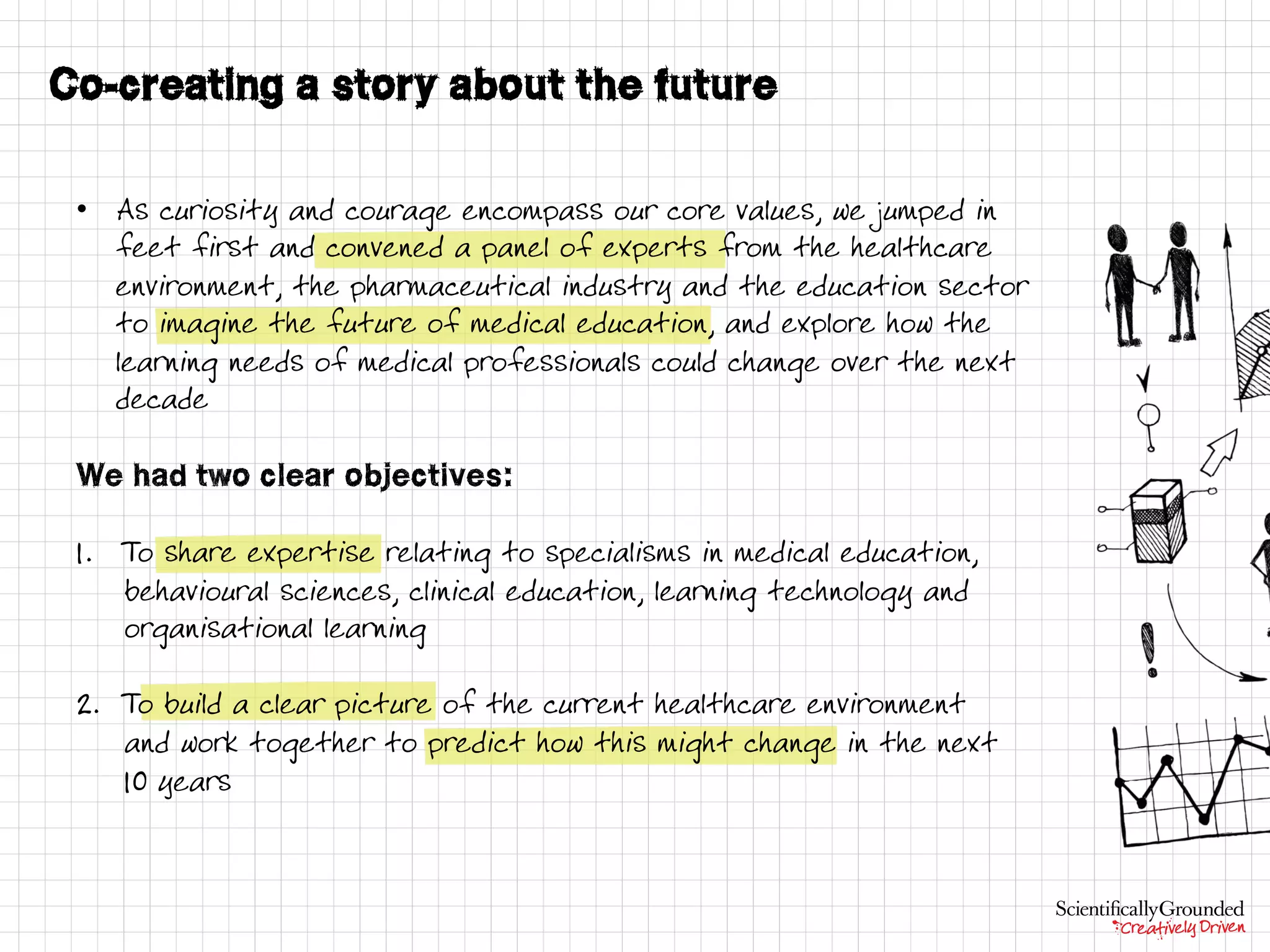 • As curiosity and courage encompass our core values, we jumped in
feet first and convened a panel of experts from the healthcare
environment, the pharmaceutical industry and the education sector
to imagine the future of medical education, and explore how the
learning needs of medical professionals could change over the next
decade
1. To share expertise relating to specialisms in medical education,
behavioural sciences, clinical education, learning technology and
organisational learning
1. To build a clear picture of the current healthcare environment
and work together to predict how this might change in the next
10 years
 