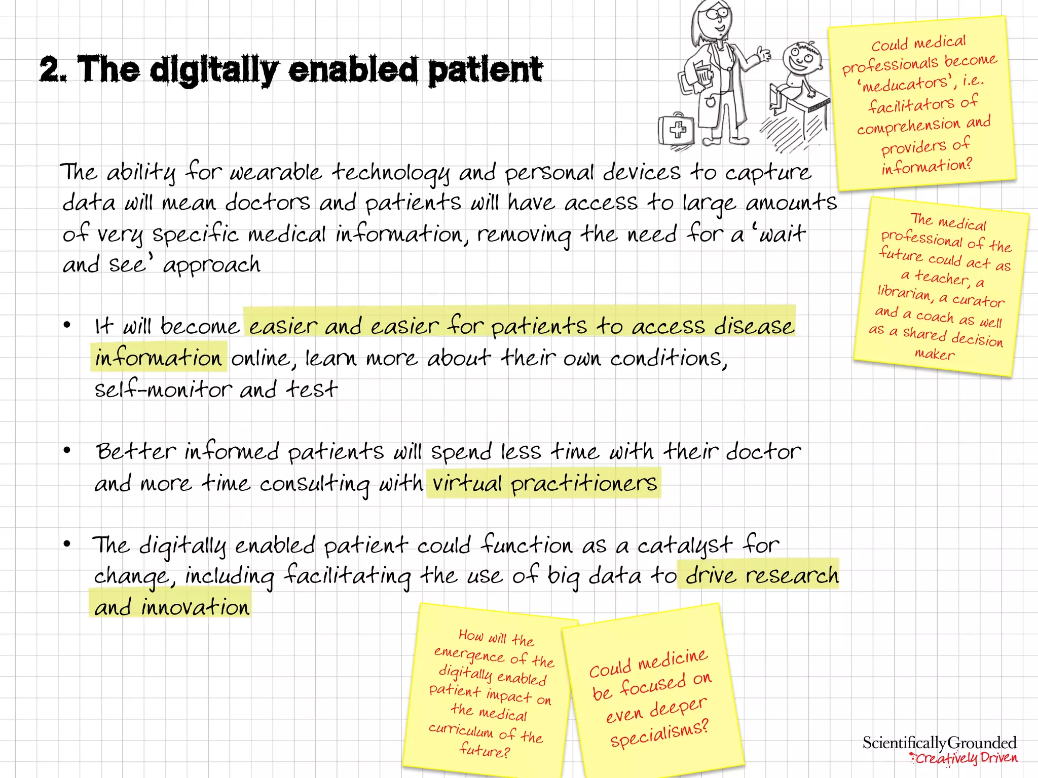T he ability for wearable technology and personal devices to capture
data will mean doctors and patients will have access to large amounts
of very specific medical information, removing the need for a ‘wait
and see’ approach
• It will become easier and easier for patients to access disease
information online, learn more about their own conditions,
self-monitor and test
• Better informed patients will spend less time with their doctor
and more time consulting with virtual practitioners
• T he digitally enabled patient could function as a catalyst for
change, including facilitating the use of big data to drive research
and innovation
 