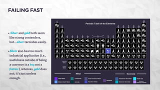 FAILING FAST 
Text 
• Silver and gold both seem 
like strong contenders, 
but...silver tarnishes easily. 
•Silver also has too much 
industrial application (i.e., 
usefulness outside of being 
a currency is a bug not a 
feature), whereas, gold does 
not; it’s just useless 
enough. 
 