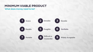 1 Scarce 
2 3 
4 5 6 
Durable Verifiable 
Portable 
Divisible 
Fungible 
Storable 
Difficult to 
Counterfeit 7 8 
9 Widely Acceptable 
MINIMUM VIABLE PRODUCT 
What does money need to be? 
 