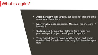 What is agile?
• Agile Strategy sets targets, but does not prescribe the
ways to achieve them
• Learning by Data obsession...