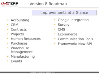 Nom du fichier – à compléter OpenERP - Community Meeting 2013
Version 8 Roadmap
 Accounting
 CRM
 Contracts
 Projects
...