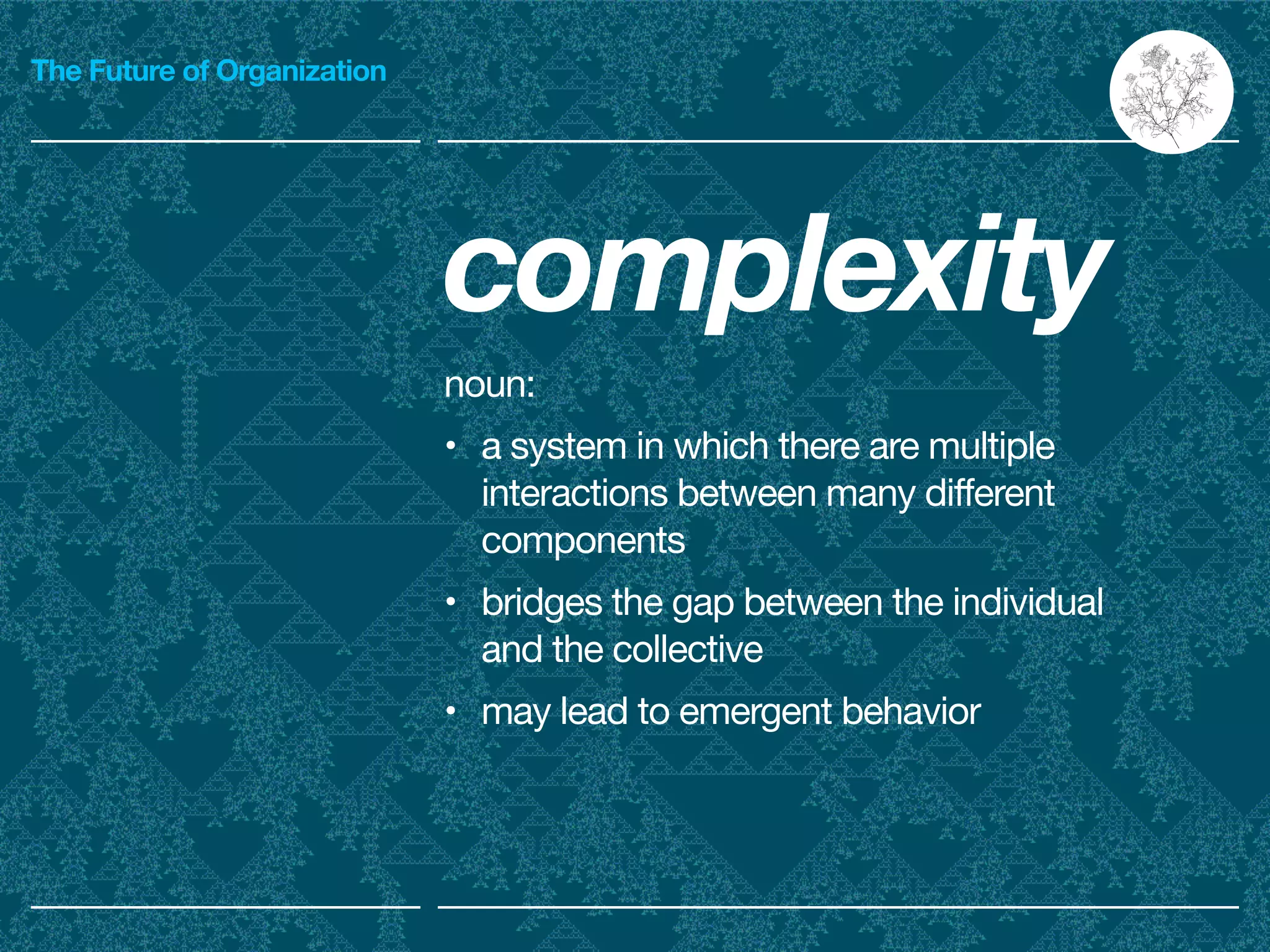 The Future of Organization
complexity

noun:

• a system in which there are multiple
interactions between many different
components

• bridges the gap between the individual
and the collective

• may lead to emergent behavior
 