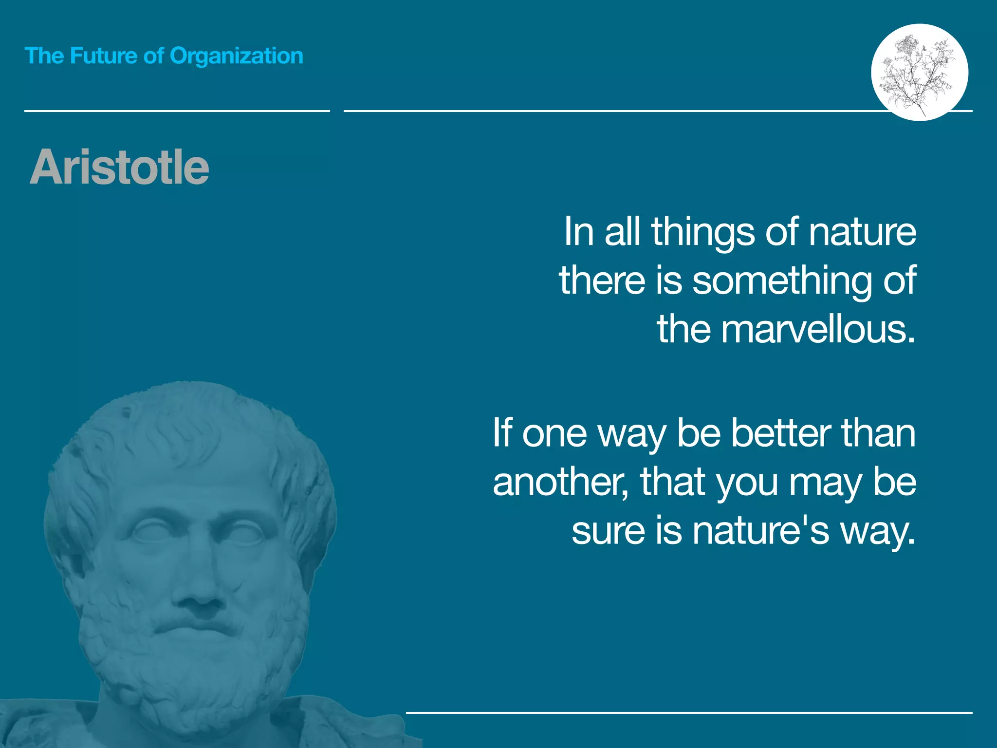 The Future of Organization
In all things of nature
there is something of
the marvellous.
Aristotle
If one way be better than
another, that you may be
sure is nature's way.
 