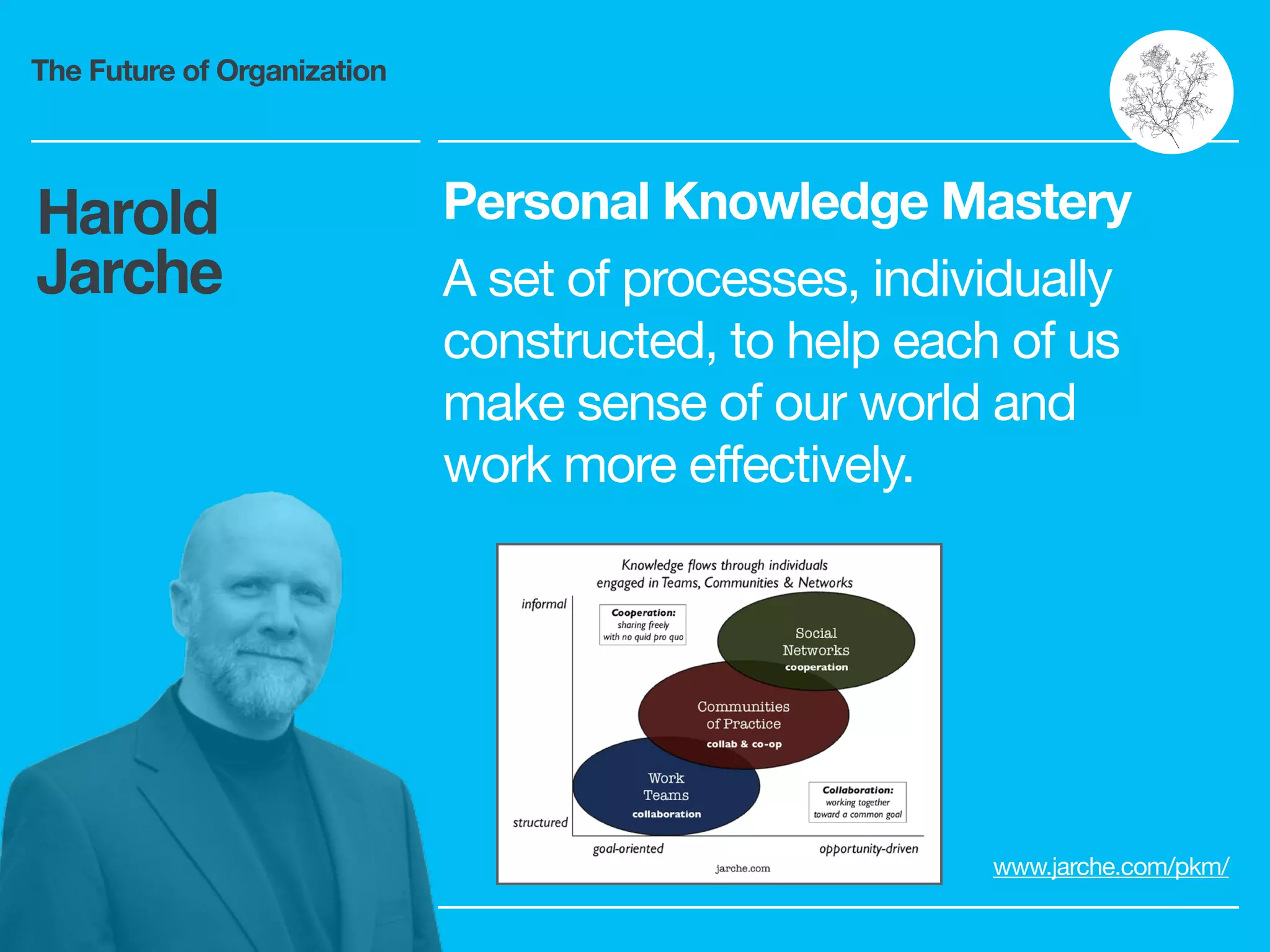 The Future of Organization
Personal Knowledge Mastery
A set of processes, individually
constructed, to help each of us
make sense of our world and
work more effectively.
www.jarche.com/pkm/
Harold
Jarche
 