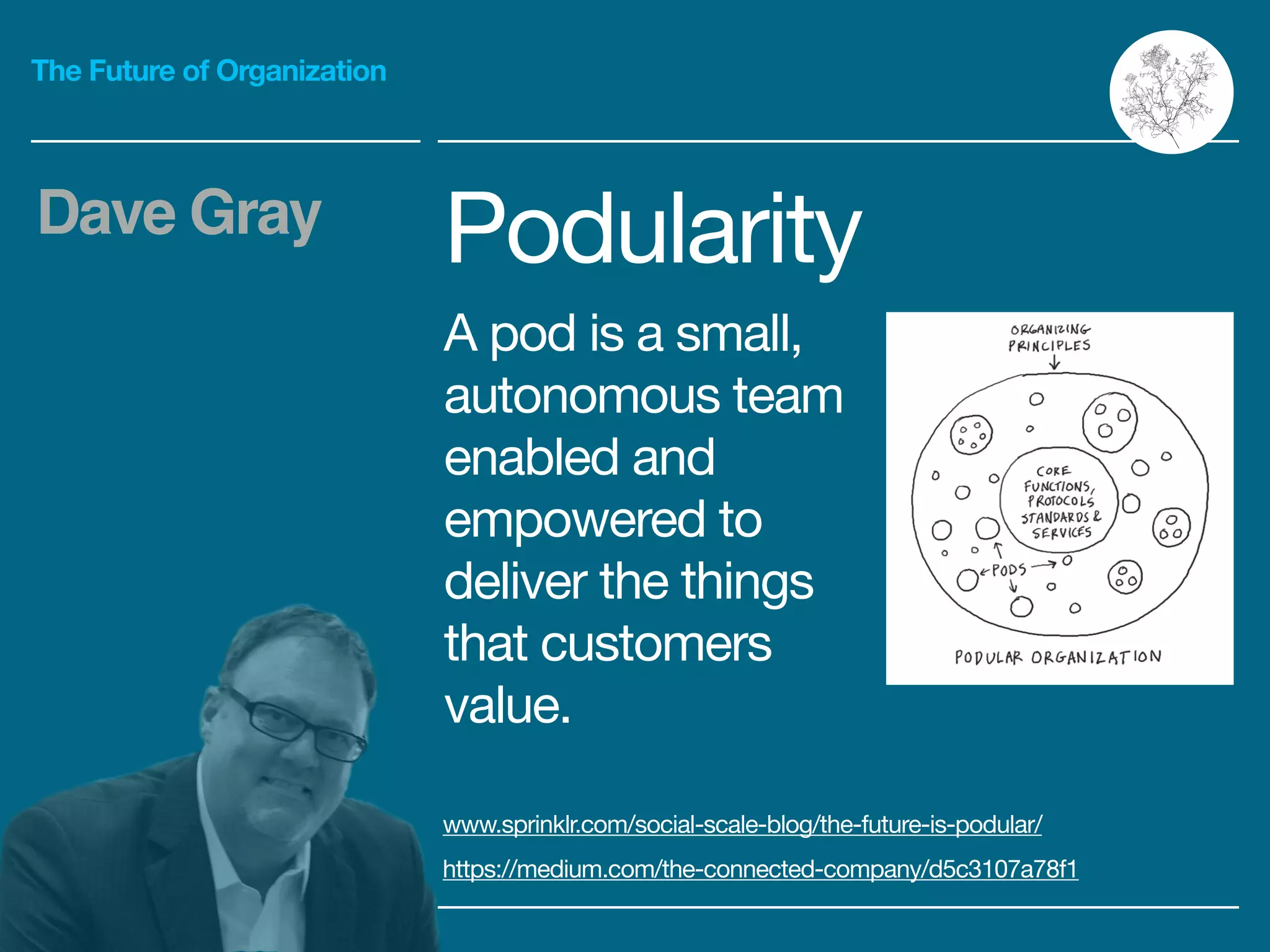 The Future of Organization
Podularity

A pod is a small,
autonomous team
enabled and
empowered to
deliver the things
that customers
value.
Dave Gray
www.sprinklr.com/social-scale-blog/the-future-is-podular/

https://medium.com/the-connected-company/d5c3107a78f1
 
