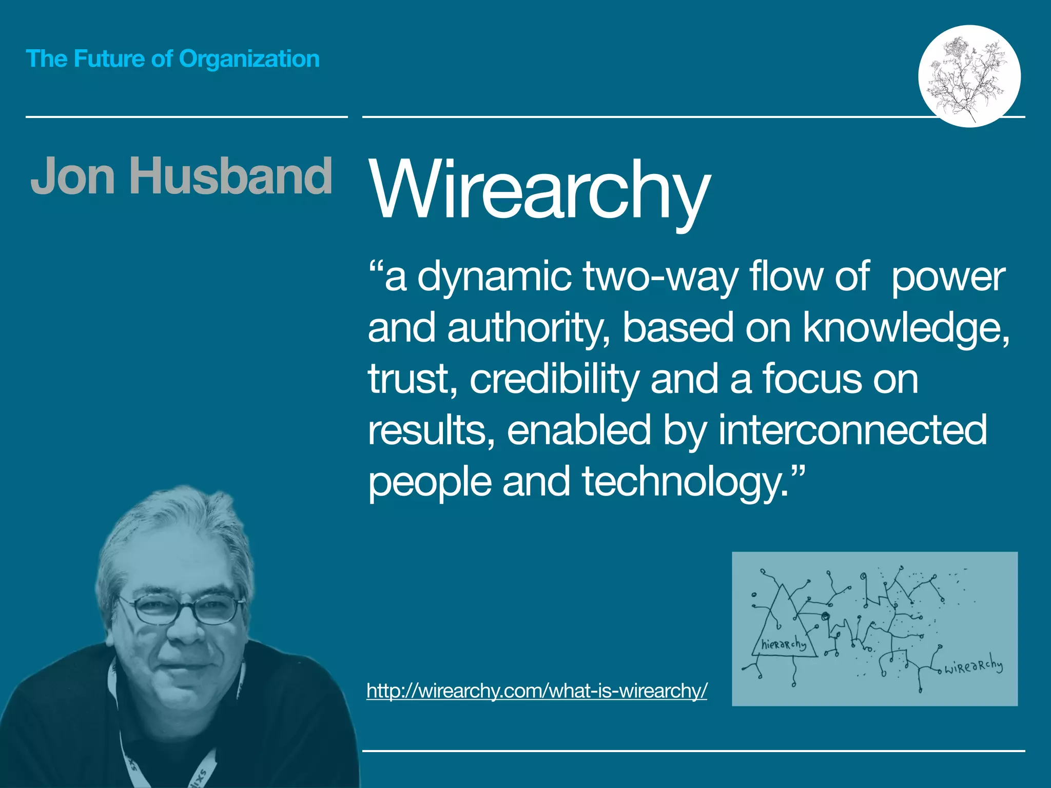 The Future of Organization
Wirearchy

“a dynamic two-way flow of power
and authority, based on knowledge,
trust, credibility and a focus on
results, enabled by interconnected
people and technology.”
Jon Husband
http://wirearchy.com/what-is-wirearchy/
 